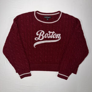 Harper & Ivy Boston Cable Knit Sweater Large Maroon Varsity Preppy Cropped Retro